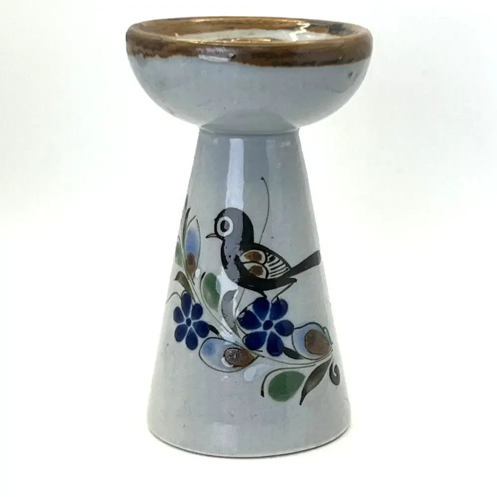 VTG Tonala Mexico Vase Candle Holder Tlaquepaque Folk Art Ceramic Bird Flared